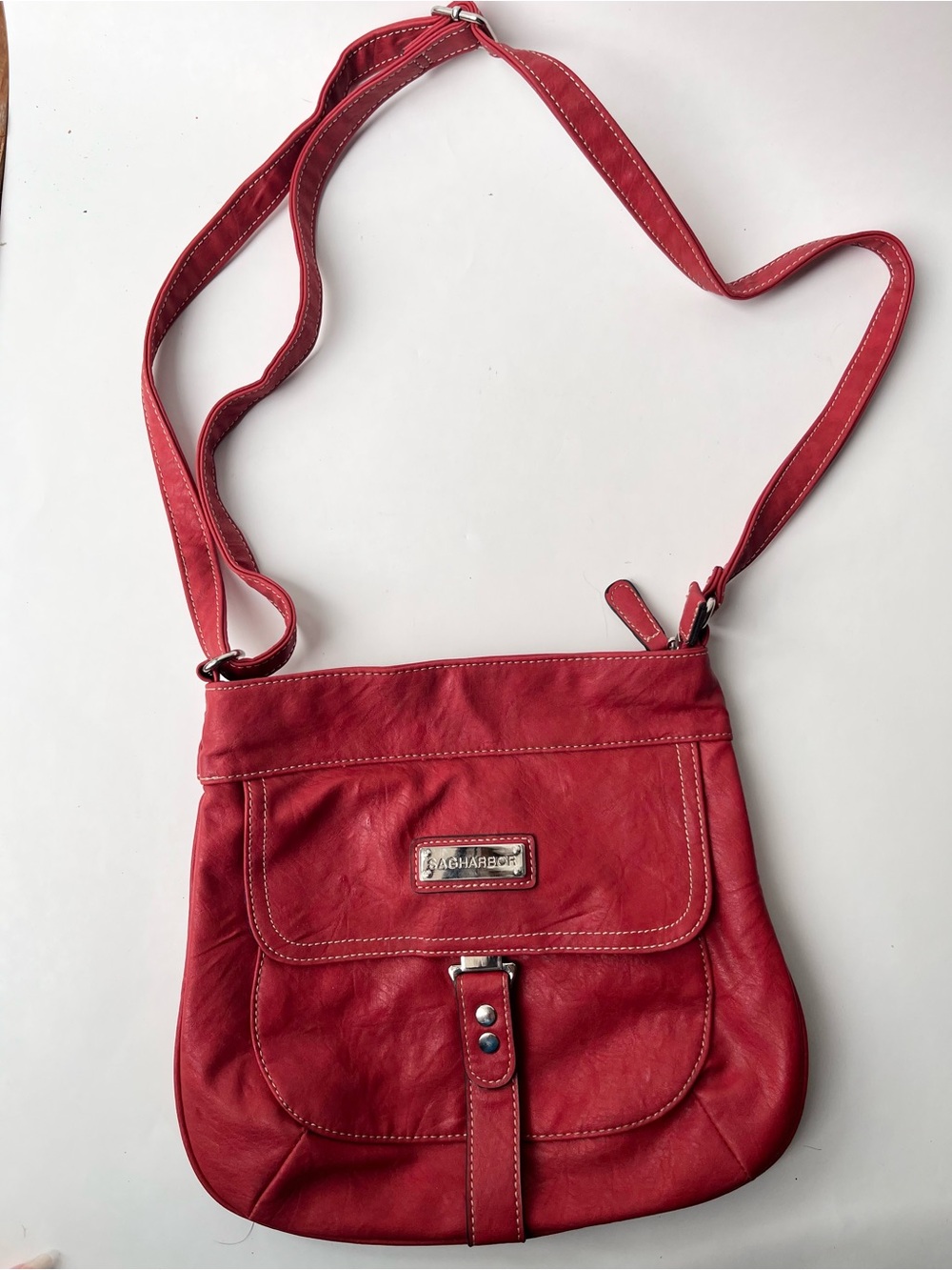 Sag Harbor Burgundy Leather Satchel Handbag Gold Hardware Purple Lining